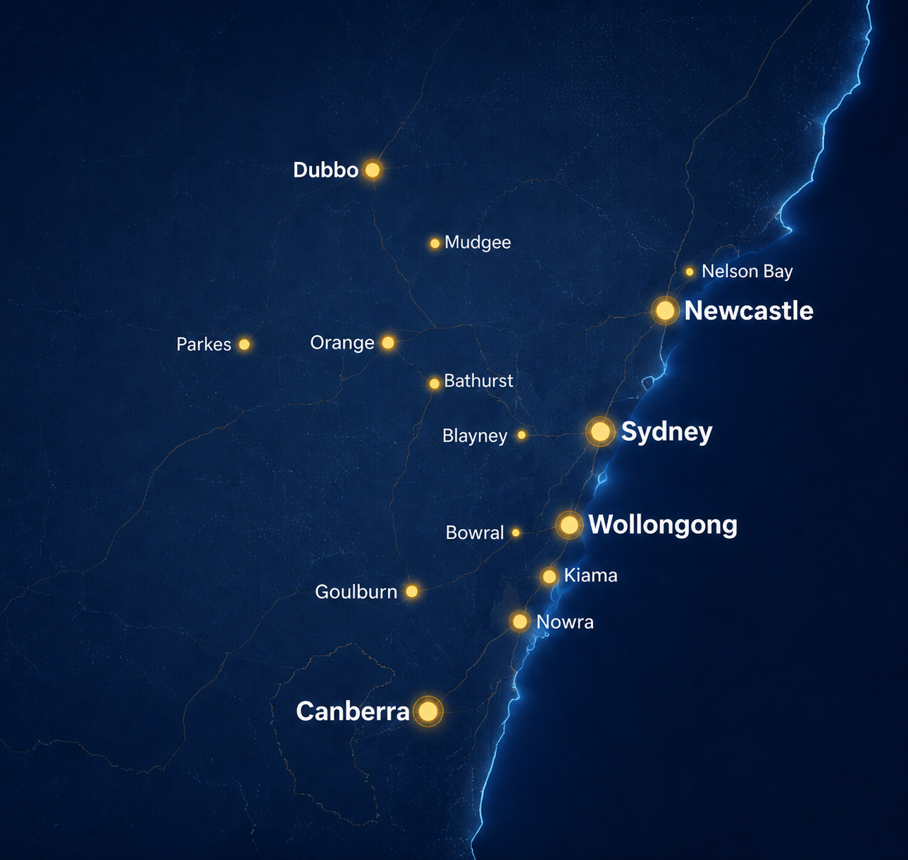 Map of NSW and ACT showing Prospect Refrigerated Transport service locations