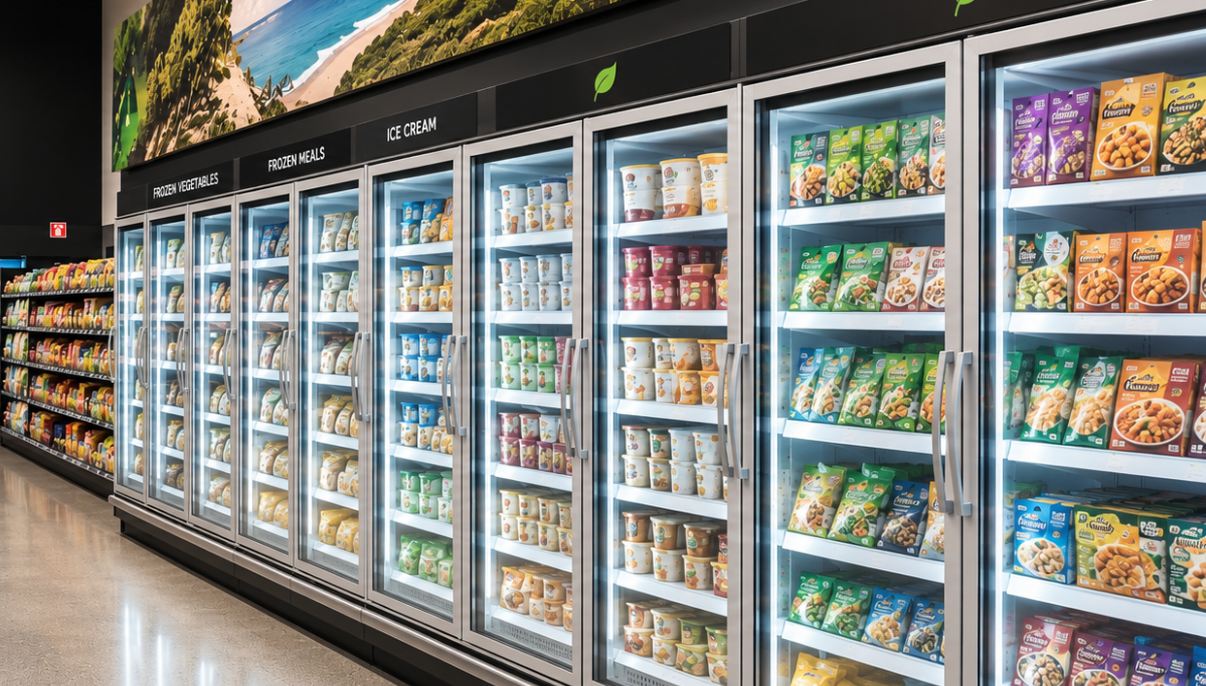 Chilled and frozen freight in supermarket freezer aisle