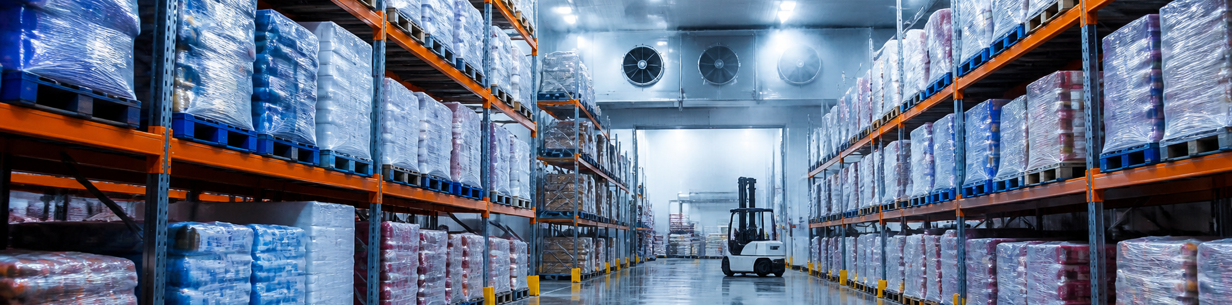 Refrigerated warehouse aisle with pallets
